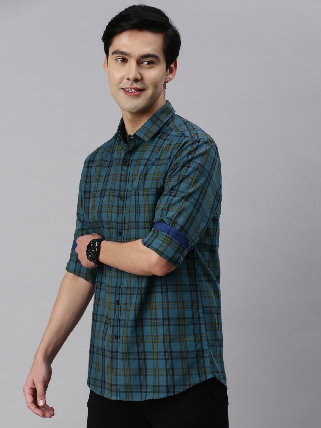 

Classic Polo Men Slim Fit Tartan Checked Cotton Casual Shirt, Blue