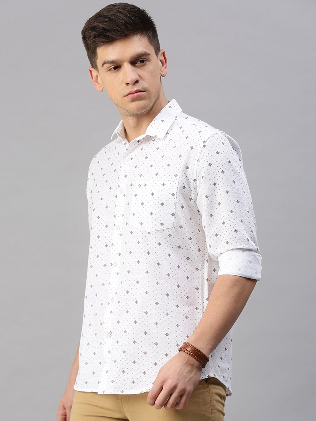 

Classic Polo Spread Collar Slim Fit Printed Casual Shirt, White