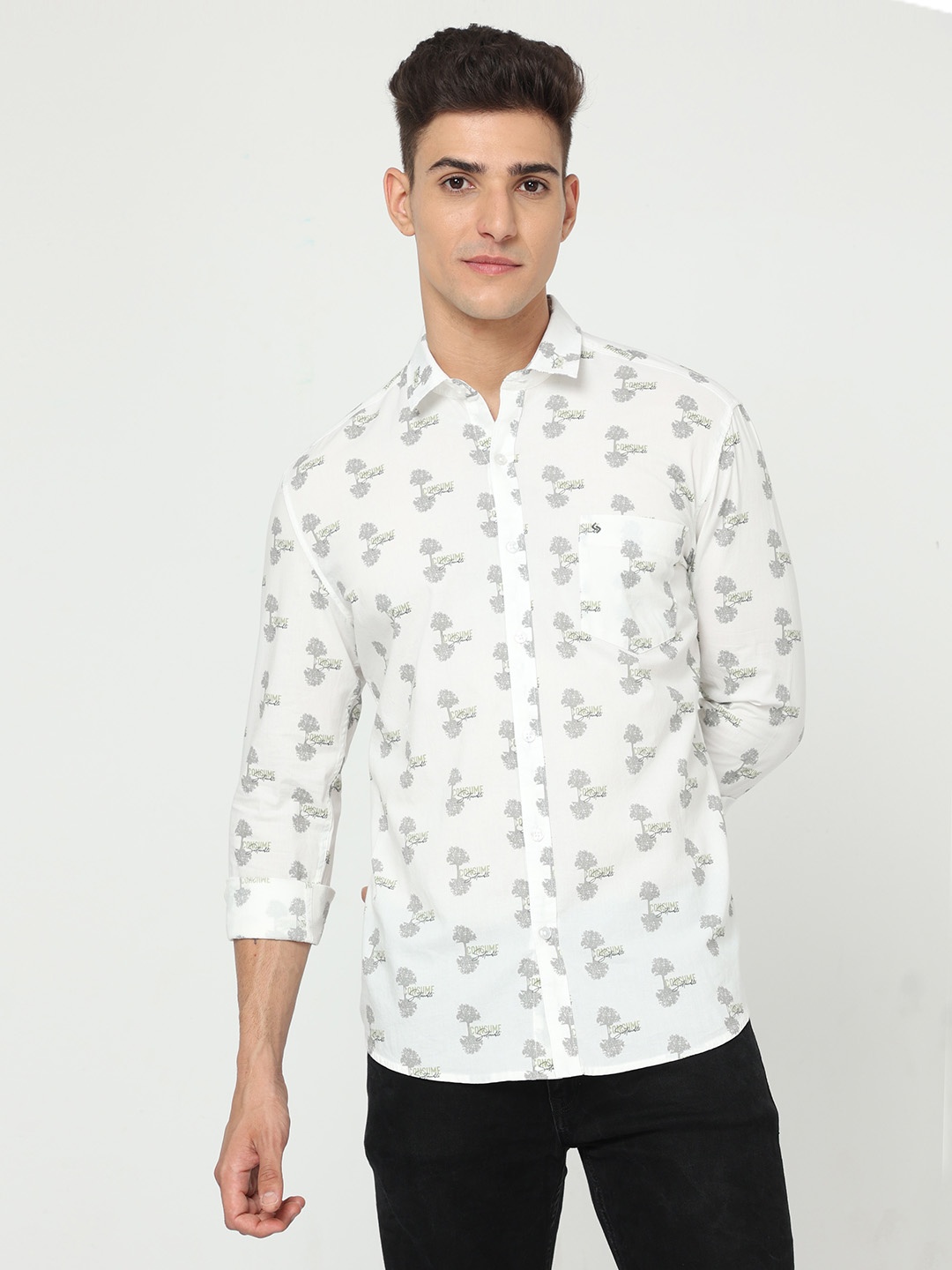 

Classic Polo Men Slim Fit Printed Casual Cotton Shirt, White