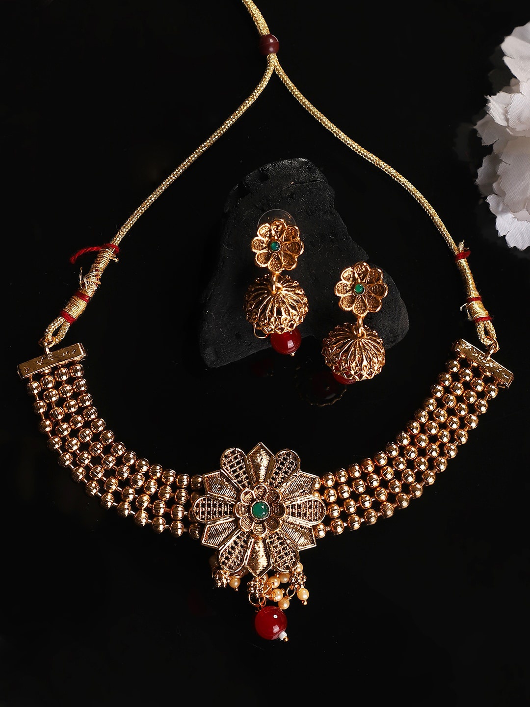 

ANIKAS CREATION Gold-Plated Stone-Studded Beaded Jewellery Set