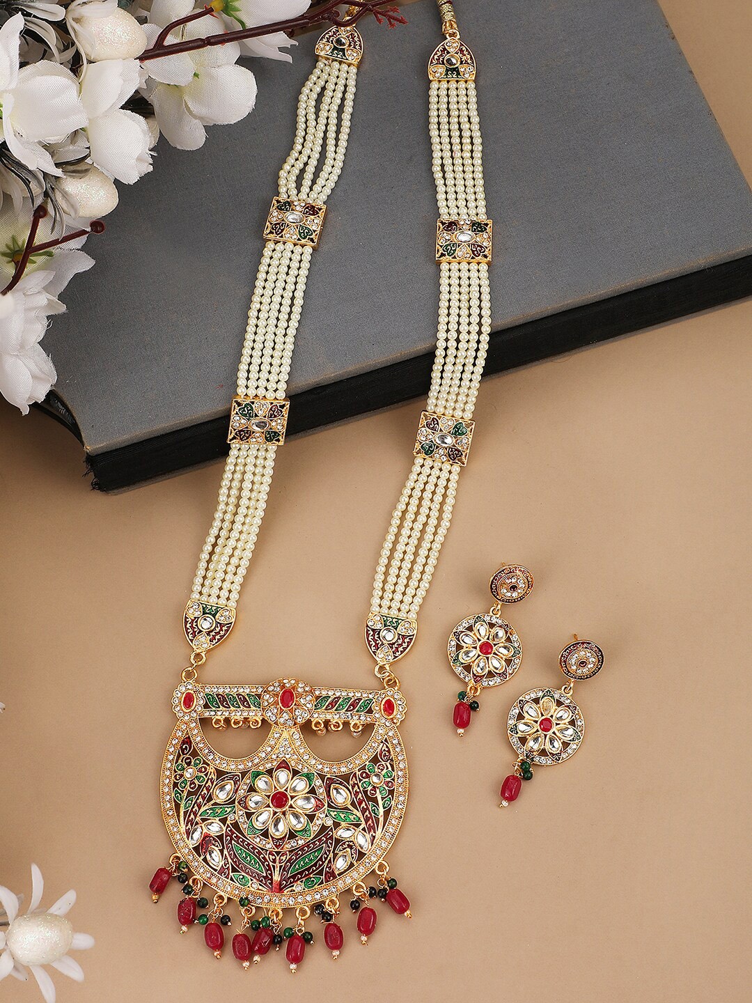 ANIKAS CREATION Gold-Plated Stone-Studded Beaded Jewellery Set