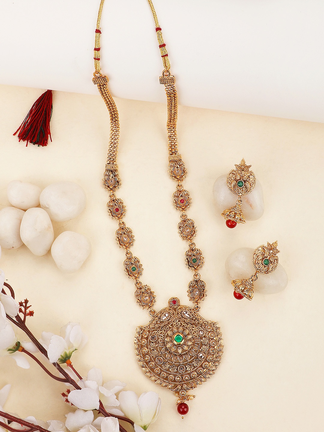 

ANIKAS CREATION Gold-Plated Stone-Studded Beaded Jewellery Set
