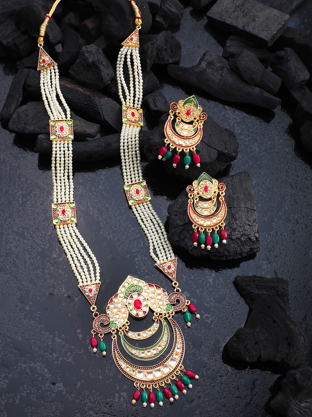

ANIKAS CREATION Gold-Plated Stone-Studded Beaded Jewellery Set