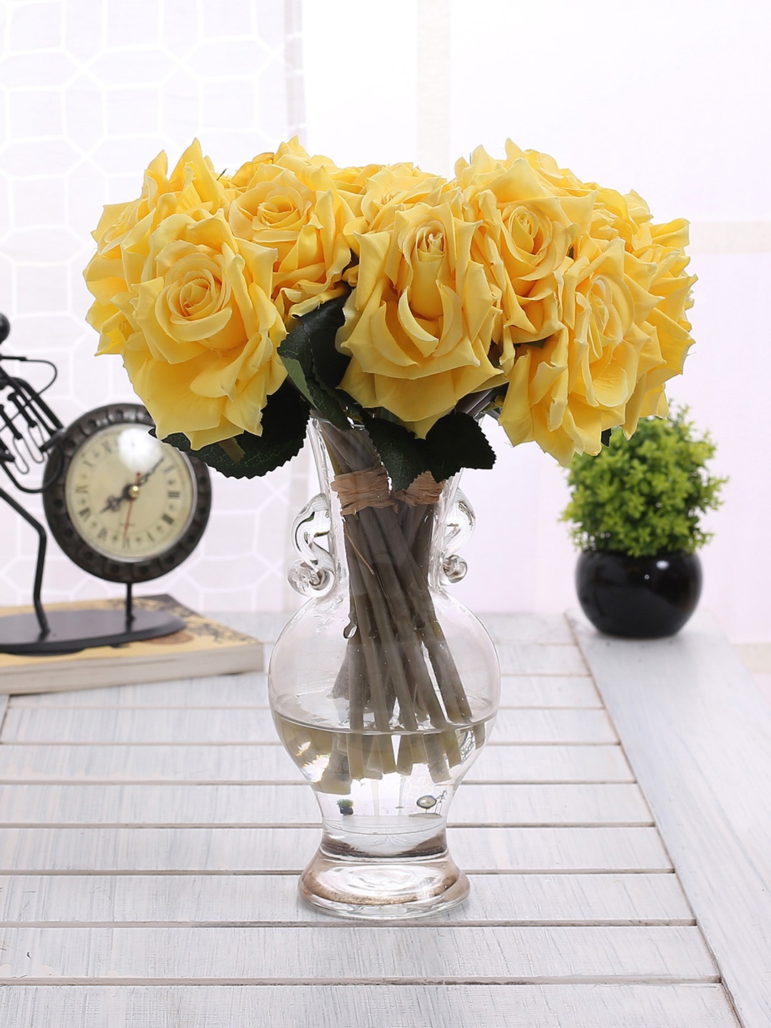 

Fourwalls Set Of 2 Yellow Artificial Rose Flower Bunches Without Pot