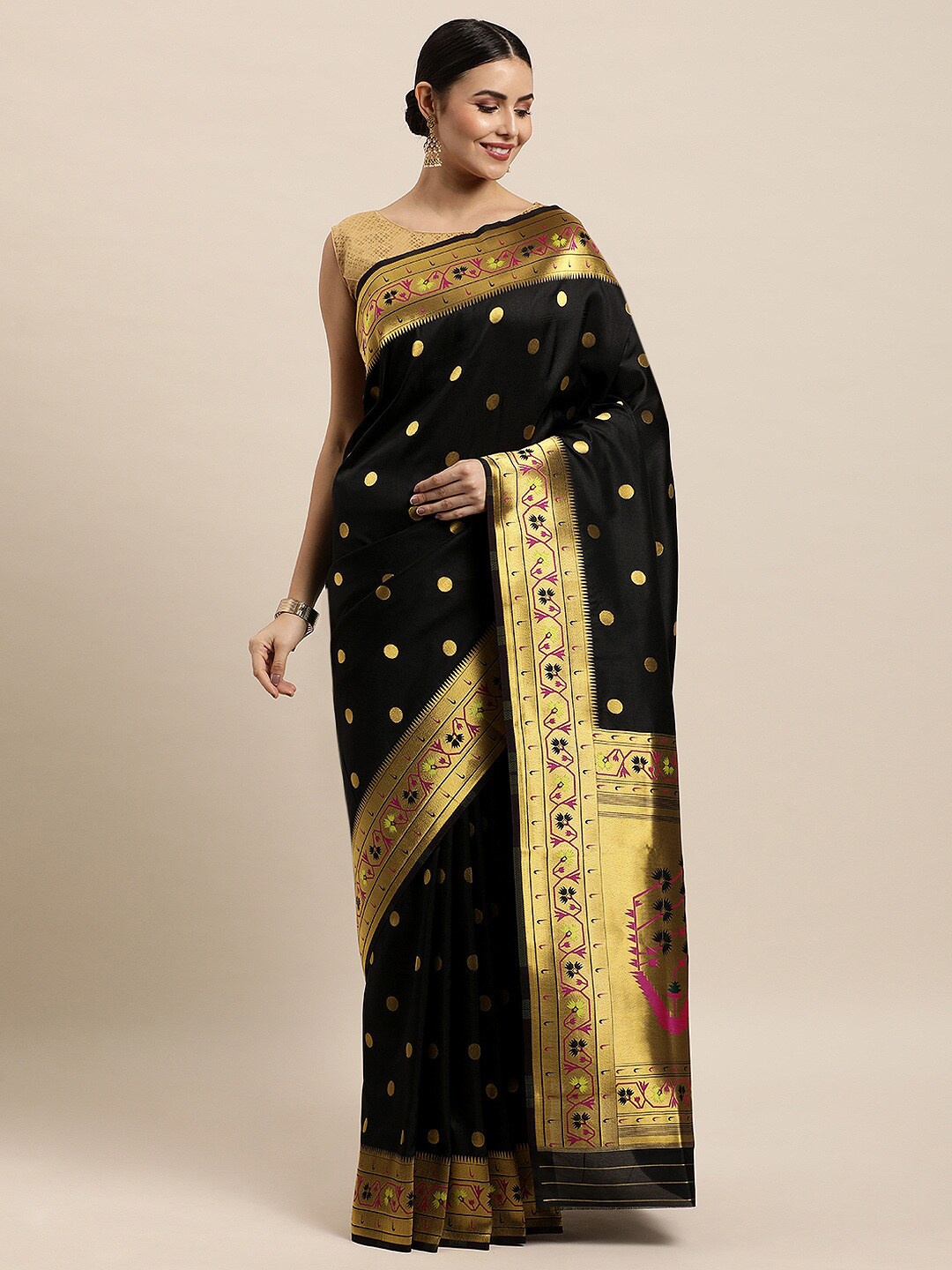 

Royal Rajgharana Saree Polka Dot Woven Design Zari Pure Silk Banarasi Sarees, Black