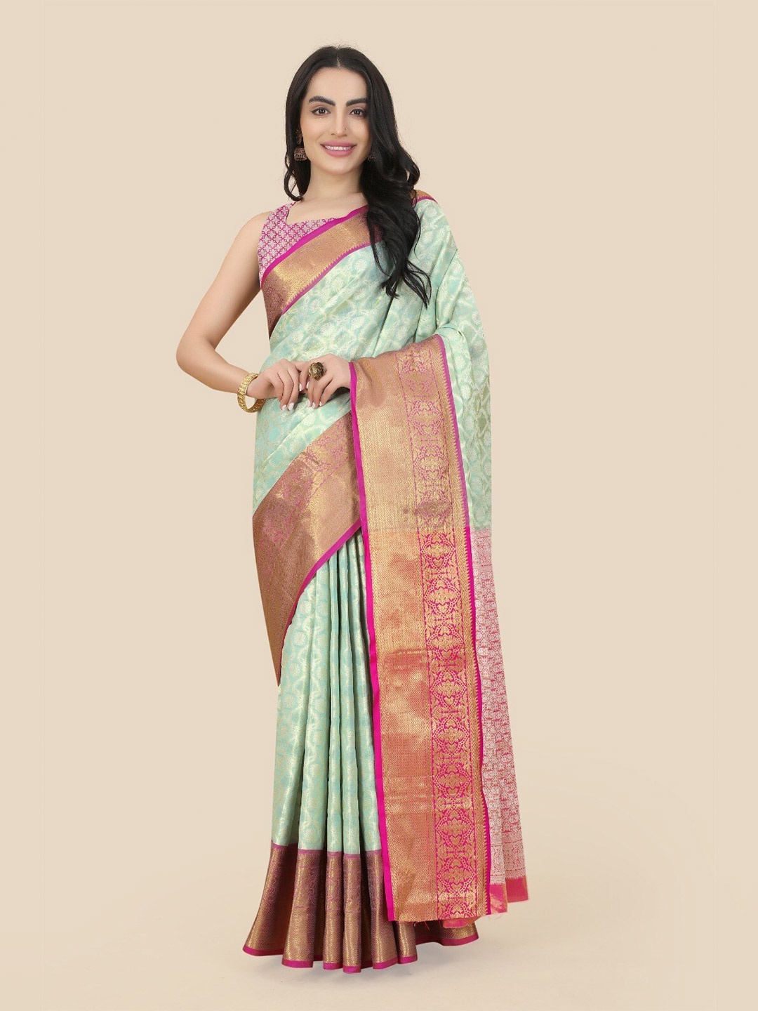 

Royal Rajgharana Saree Ethnic Motifs Woven Design Zari Pure Silk Banarasi Saree, Sea green
