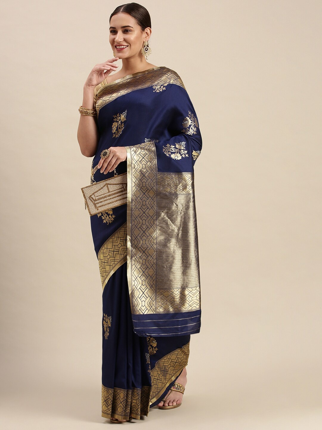 

Royal Rajgharana Saree Ethnic Motifs Zari Pure Silk Banarasi Sarees, Navy blue