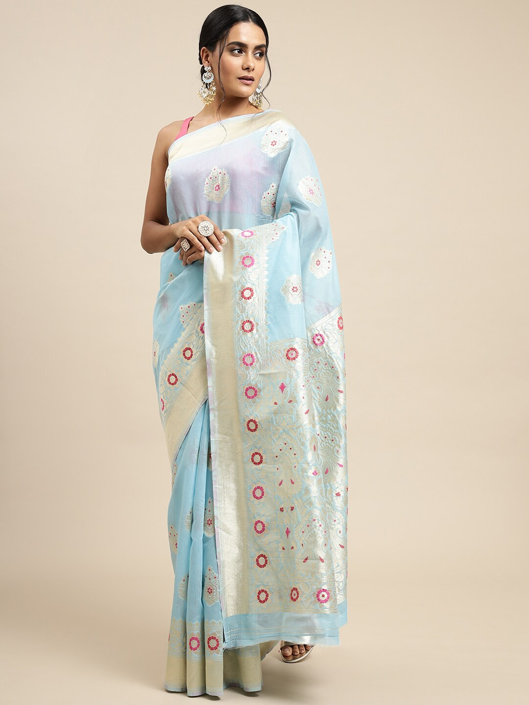 

Royal Rajgharana Saree Floral Motif Woven Design Zari Pure Silk Banarasi Sarees, Blue