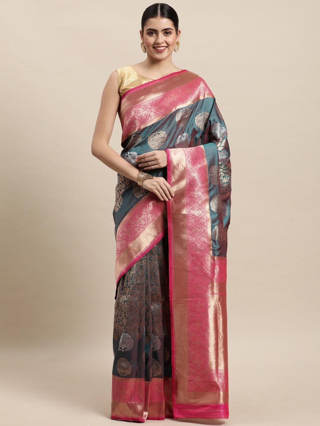 

Royal Rajgharana Saree Floral Woven Design Zari Pure Silk Banarasi Saree, Teal