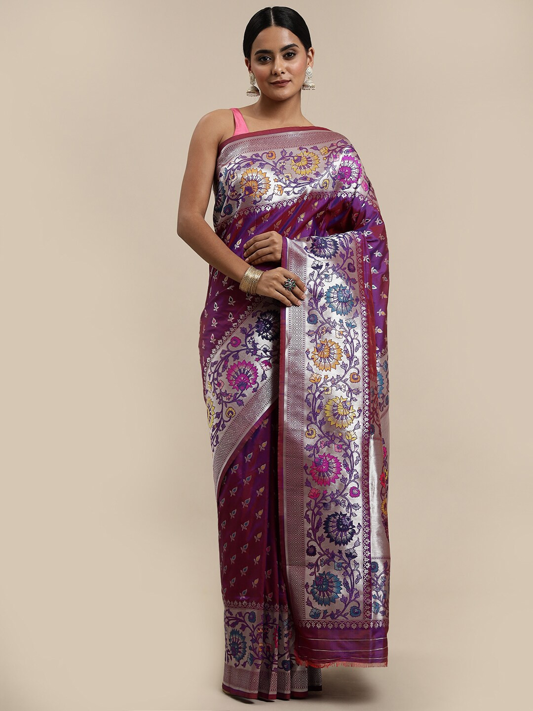 

Royal Rajgharana Saree Floral Zari Pure Silk Banarasi Sarees, Purple