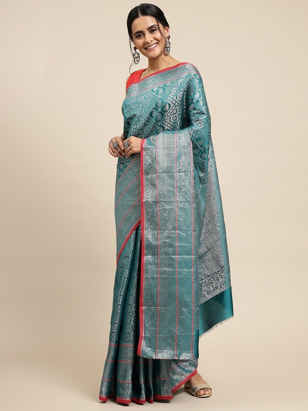 

Royal Rajgharana Saree Ethinic Motifs Zari Pure Silk Banarasi Saree, Teal
