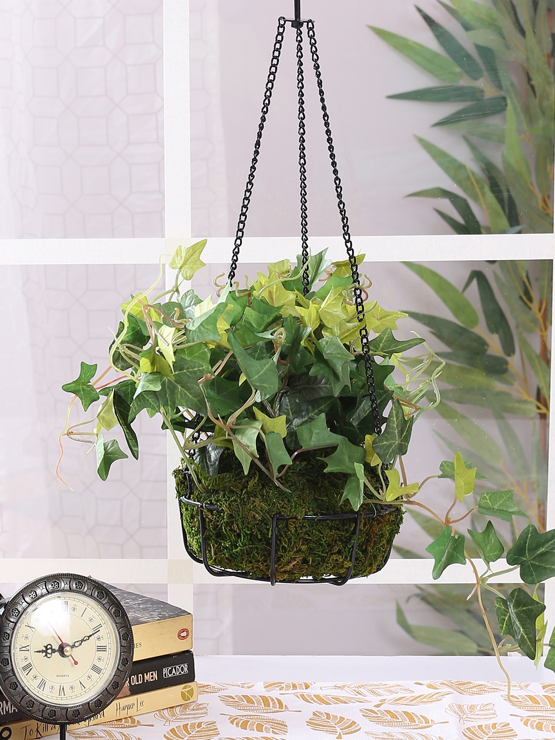 

Fourwalls Green Artificial Hanging IVY Leaf Plants with Basket, Black