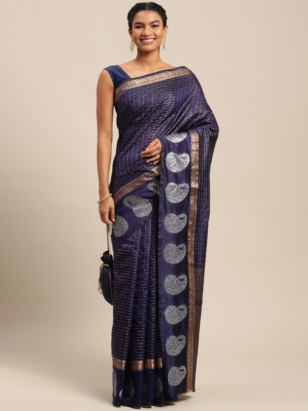 

Royal Rajgharana Saree Woven Design Zari Pure Silk Banarasi Sarees, Navy blue