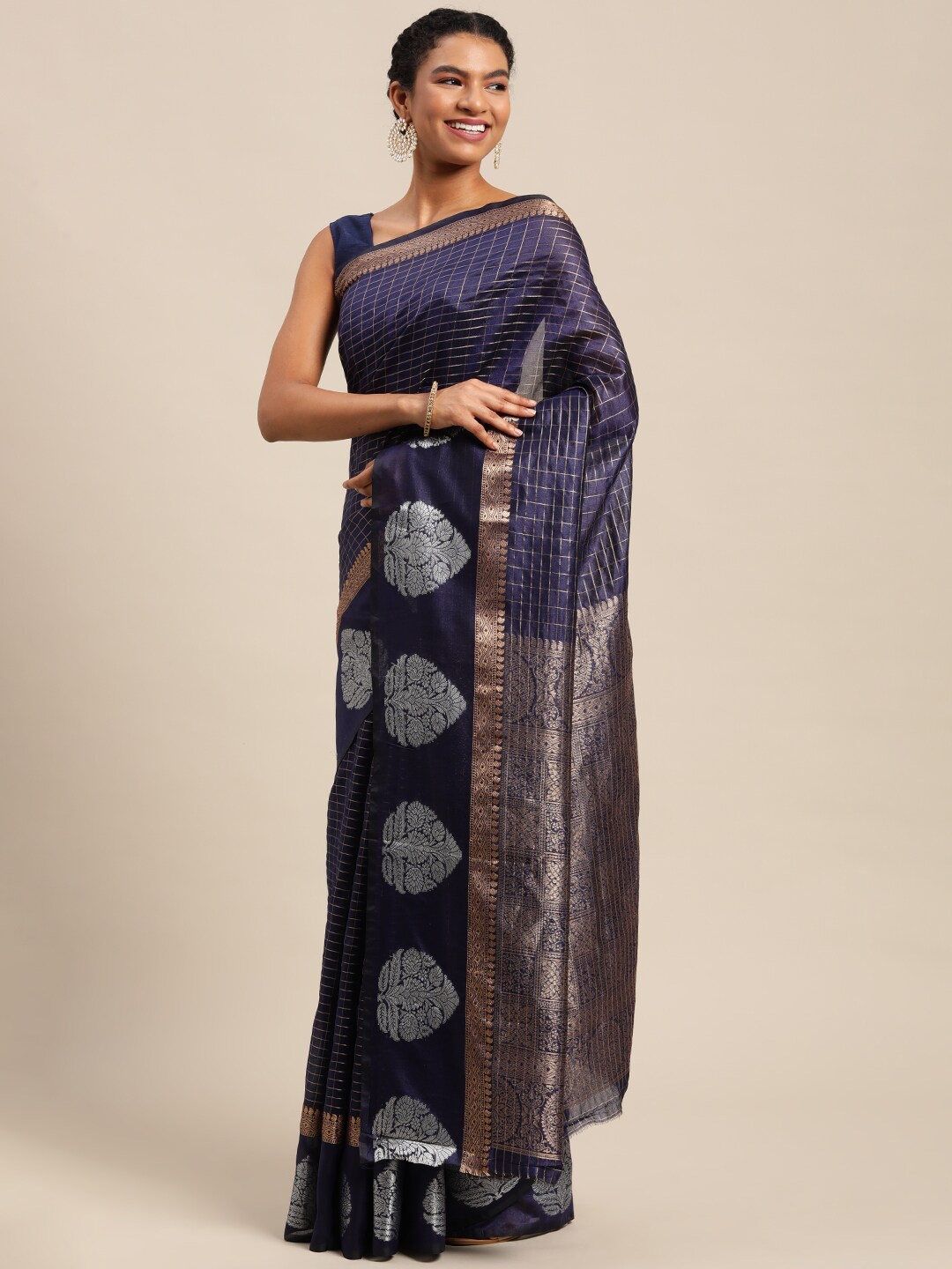 

Royal Rajgharana Saree Woven Design Zari Pure Silk Banarasi Sarees, Navy blue