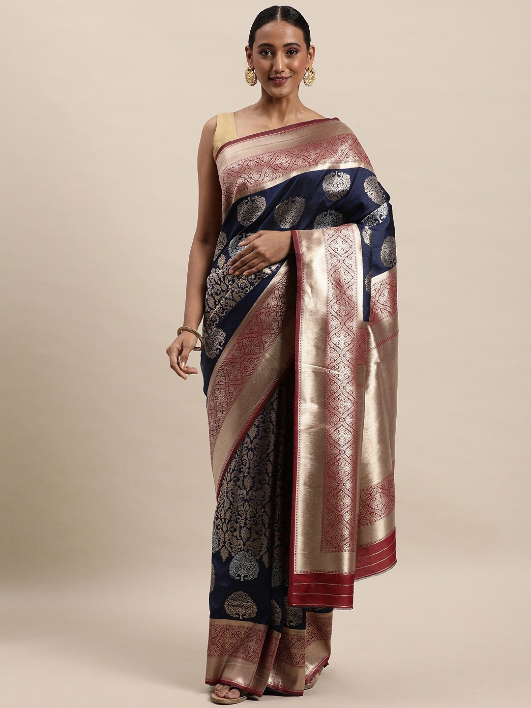 

Royal Rajgharana Saree Woven Design Zari Pure Silk Banarasi Saree, Navy blue