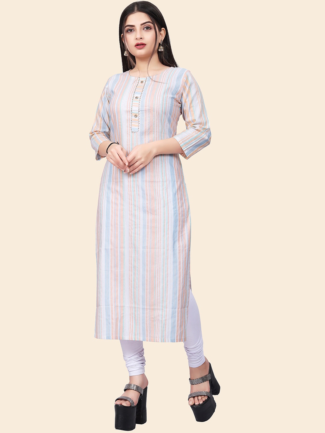 

KALINI Women Striped Pure Cotton Kurta With Leggings, Orange