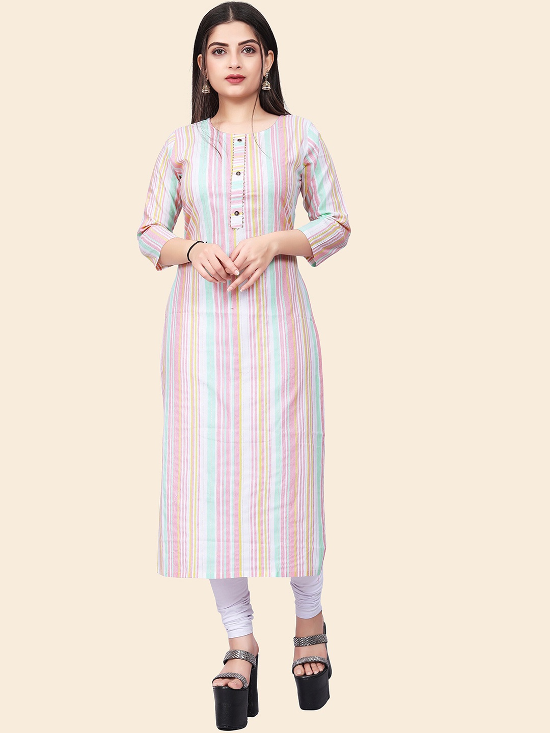 

KALINI Women Striped Linen Kurta, Pink