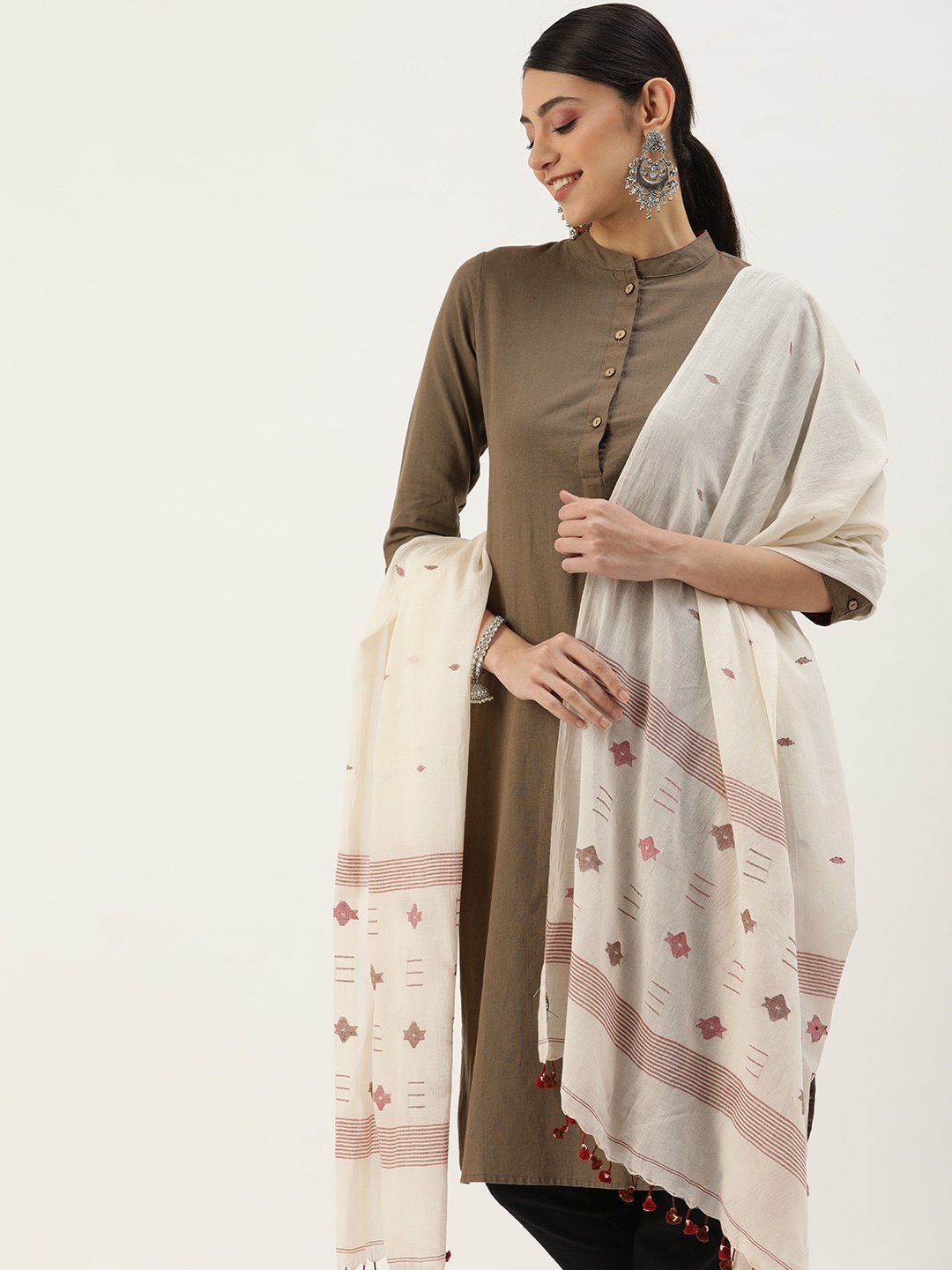 

ArtEastri Geometric Woven Design Pure Cotton Dupatta, Cream