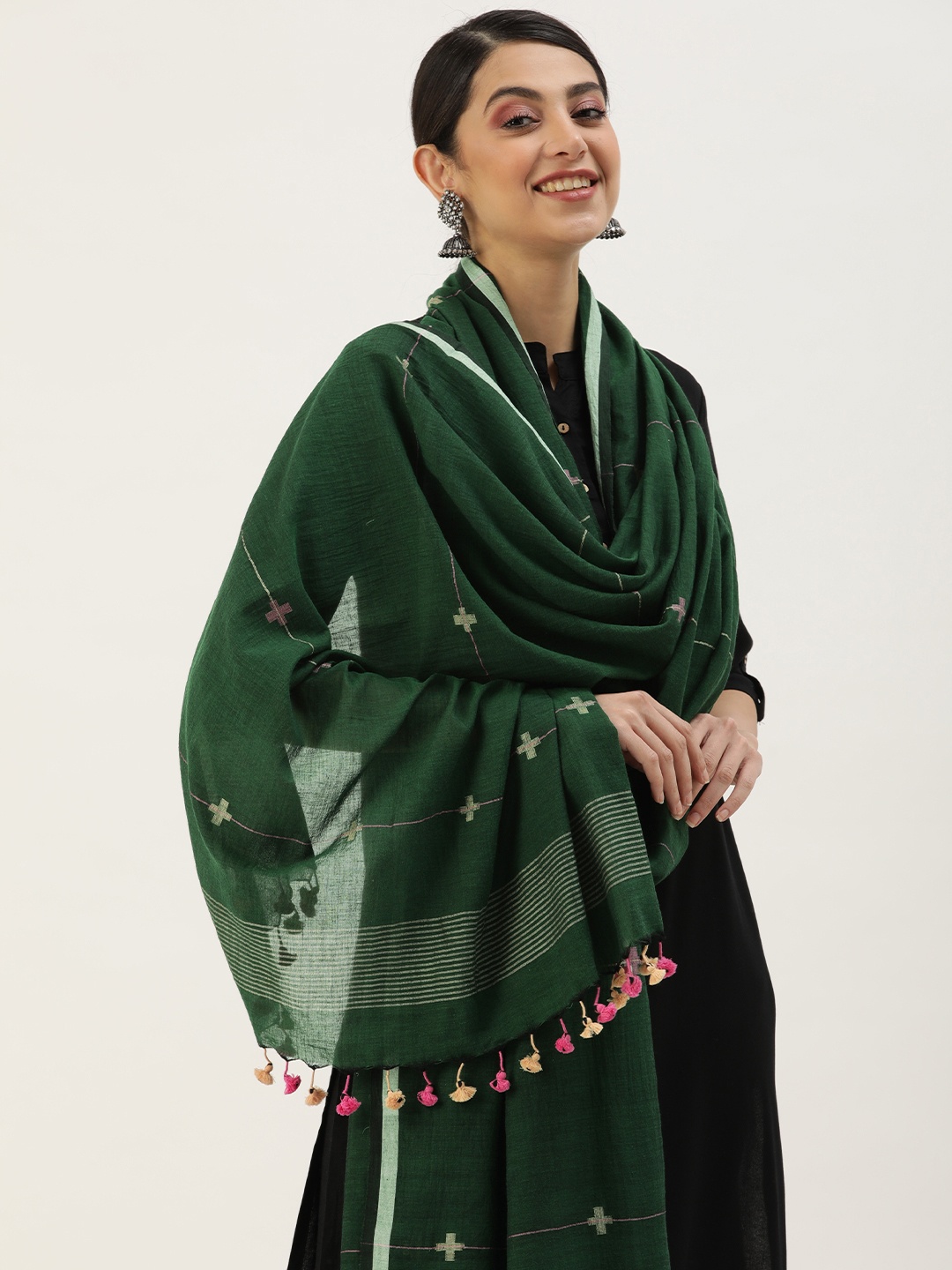 

ArtEastri Geometric Woven Design Pure Cotton Dupatta, Green