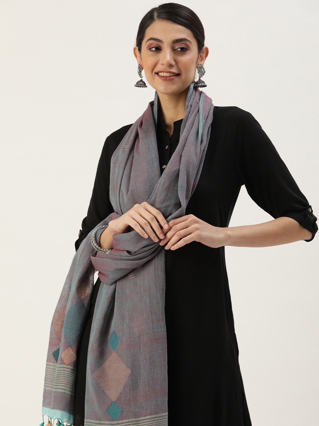 

ArtEastri Geometric Woven Design Pure Cotton Dupatta, Grey