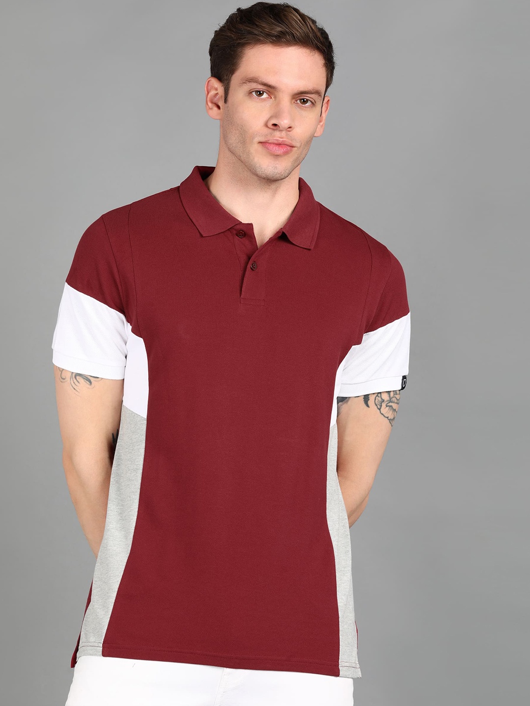 

Urbano Fashion Polo Collar Colourblocked Slim Fit Cotton T-shirt, Maroon