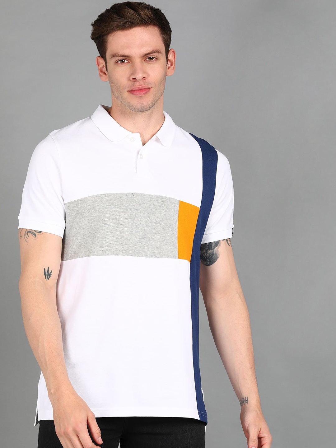 

Urbano Fashion Men Colourblocked Polo Collar Slim Fit Cotton T-shirt, White