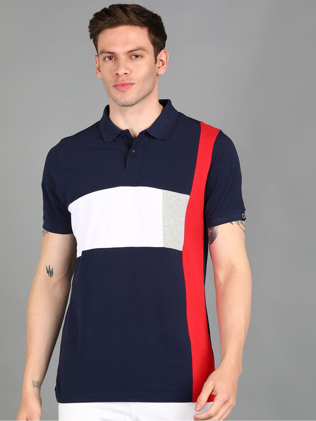 

Urbano Fashion Men Colourblocked Polo Collar Cotton T-shirt, Navy blue