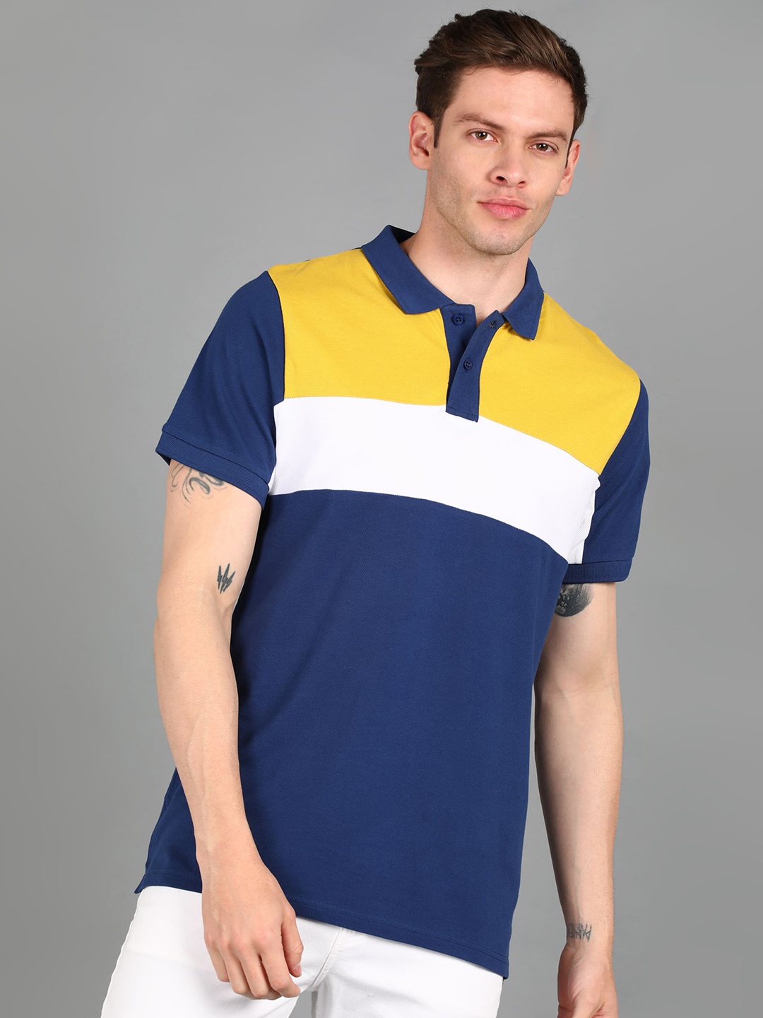 

Urbano Fashion Colourblocked Polo Collar Slim Fit Cotton T-shirt, Navy blue