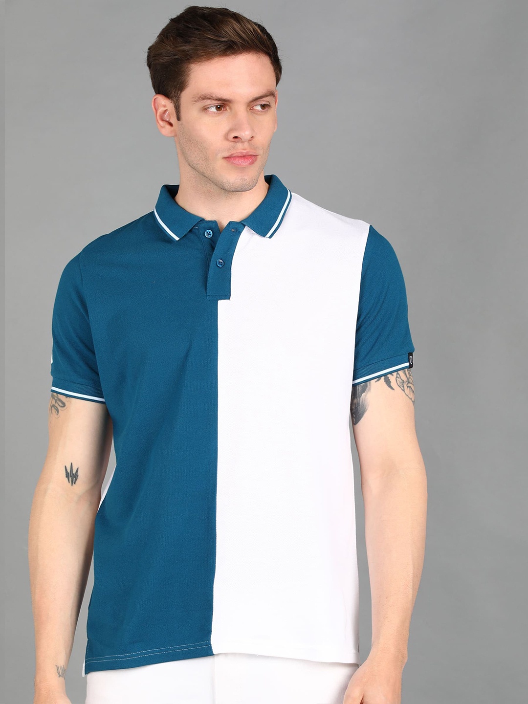 

Urbano Fashion Men Colourblocked Polo Collar Slim Fit Cotton T-shirt, White