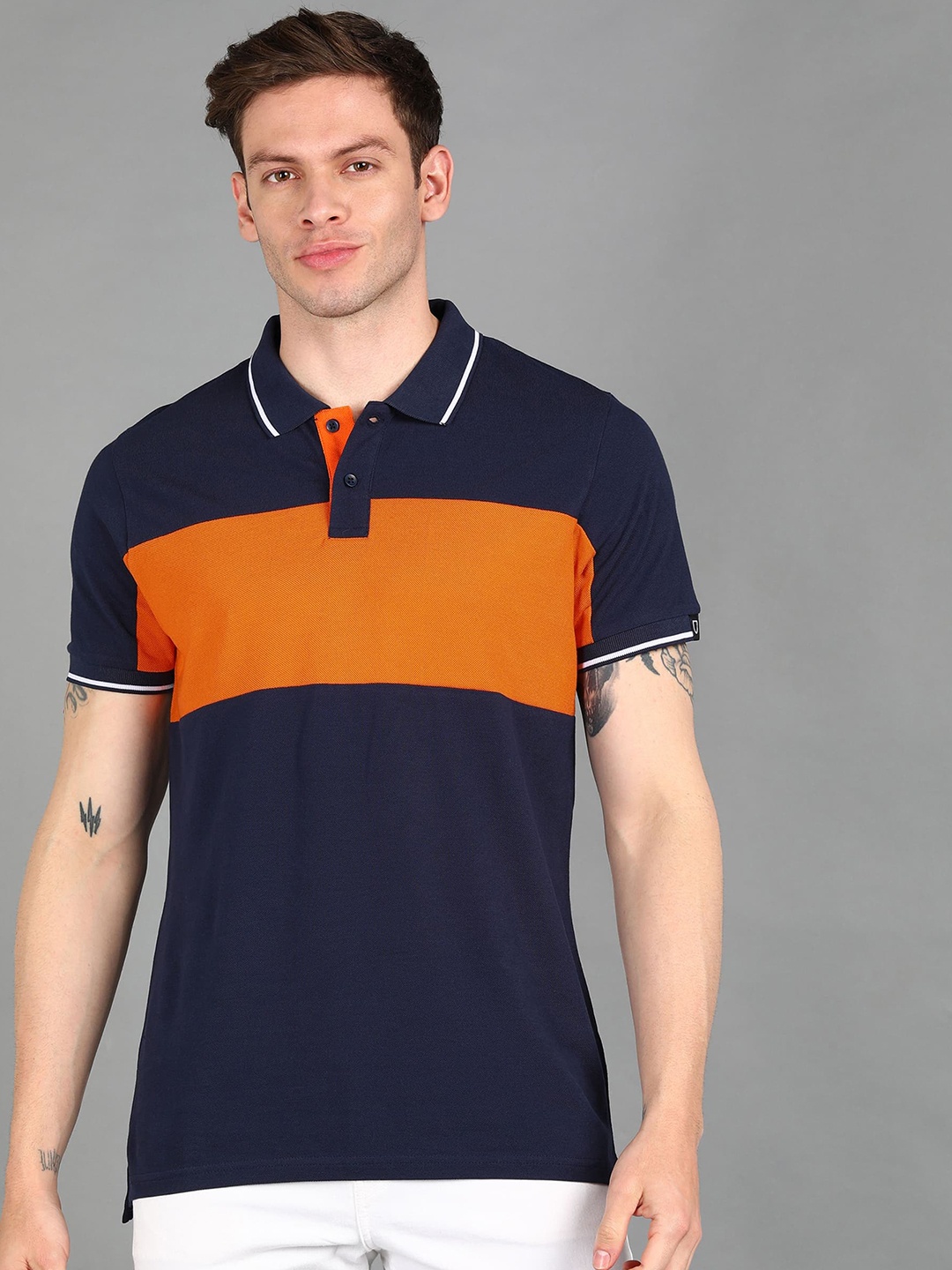 

Urbano Fashion Men Colourblocked Polo Collar Cotton T-shirt, Navy blue