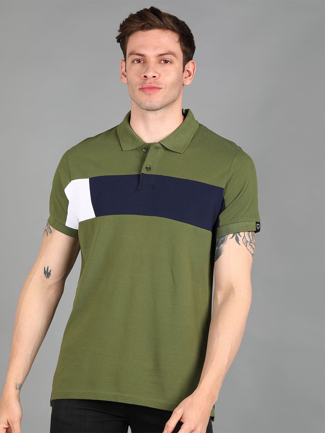 

Urbano Fashion Men Striped Polo Collar Slim Fit Cotton T-shirt, Olive