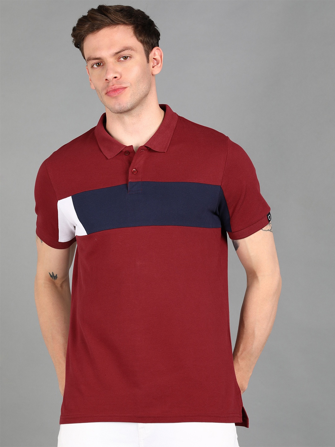 

Urbano Fashion Men Colourblocked Polo Collar Cotton T-shirt, Maroon