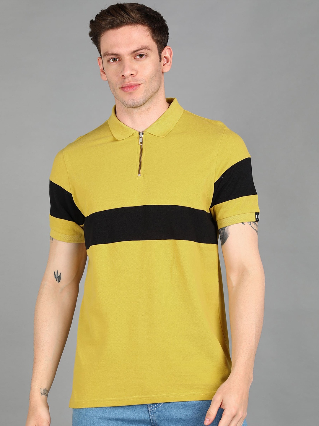 

Urbano Fashion Men Colourblocked Polo Collar Slim Fit Cotton T-shirt, Mustard