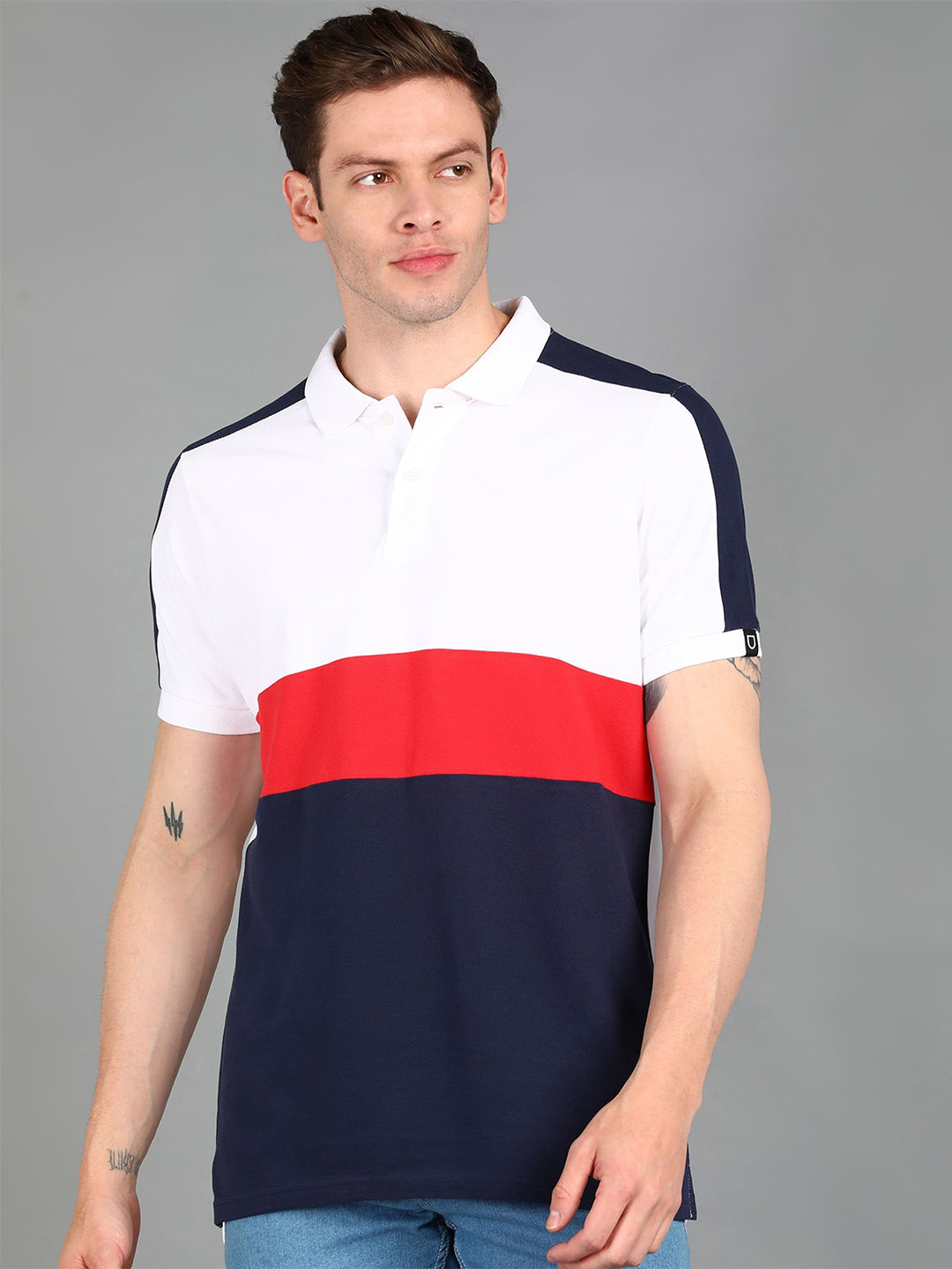 

Urbano Fashion Men Colourblocked Polo Collar Cotton T-shirt, White