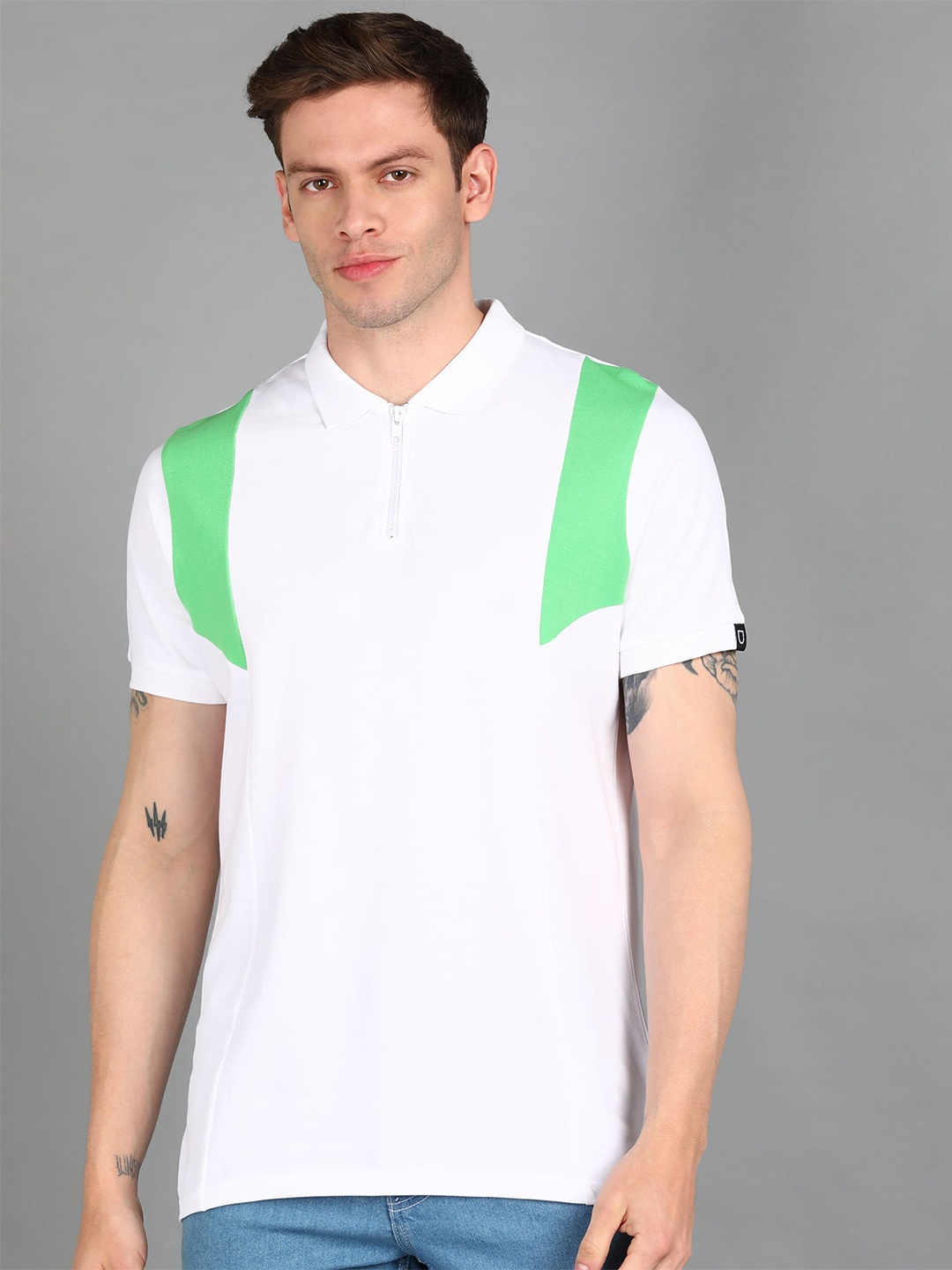 

Urbano Fashion Colourblocked Polo Collar Slim Fit Cotton T-shirt, White