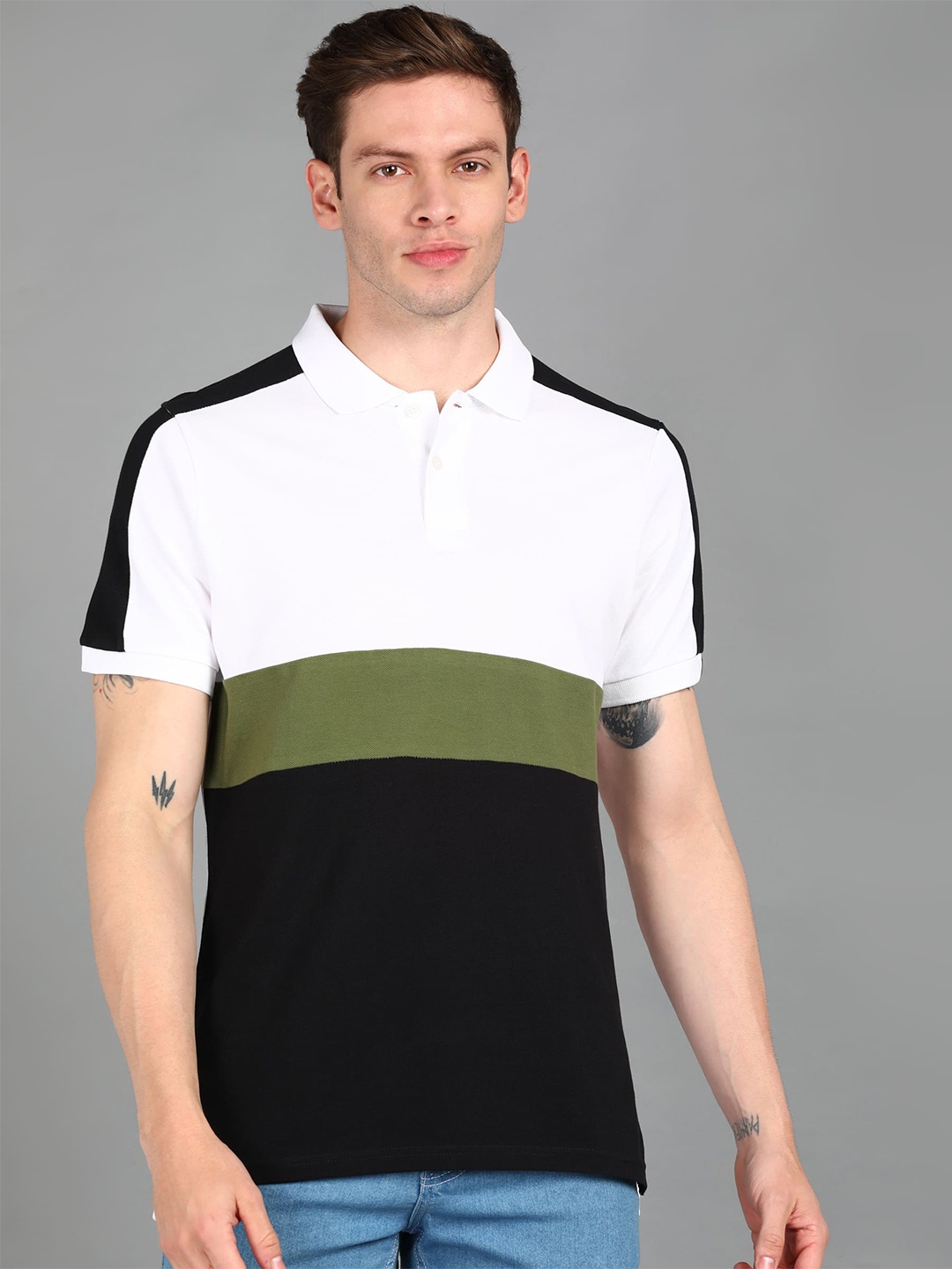

Urbano Fashion Men White Colourblocked Polo Collar Slim Fit T-shirt