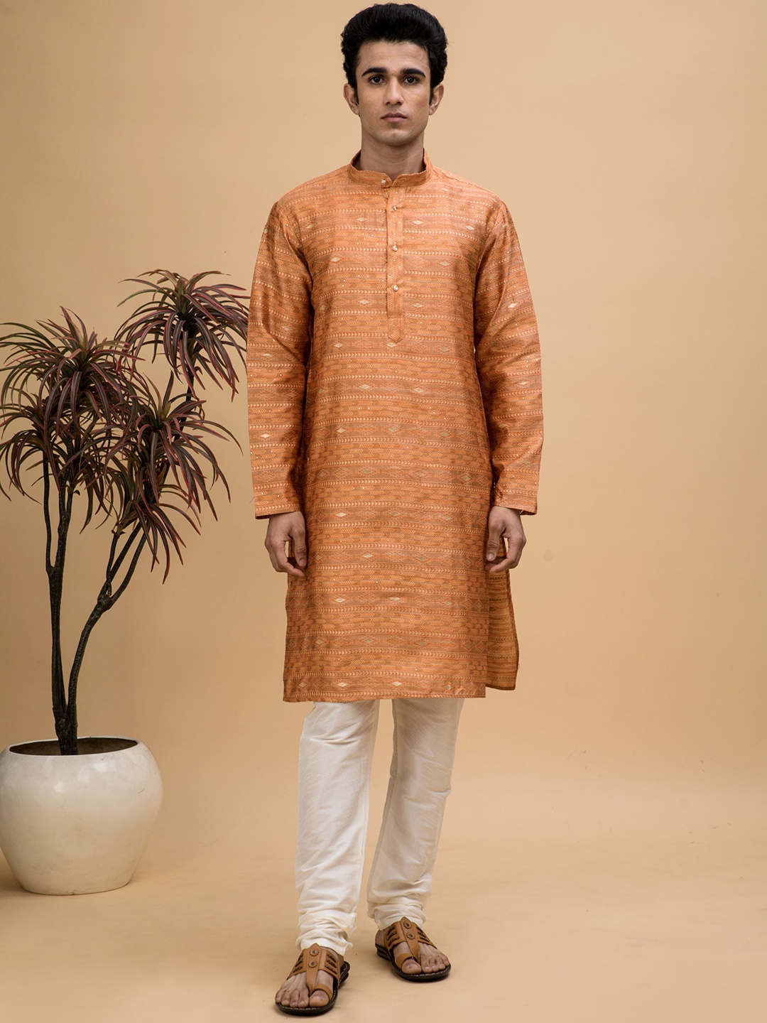 

NEUDIS Men Ethnic Motifs Woven Design Straight Kurta with Churidar, Peach
