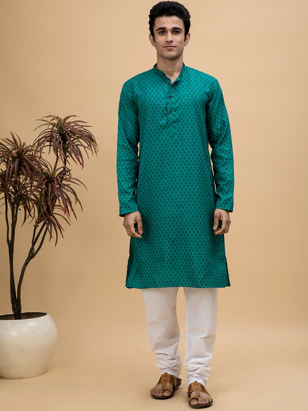 

NEUDIS Men Ethnic Motifs Printed Pure Cotton Kurta with Churidar, Green