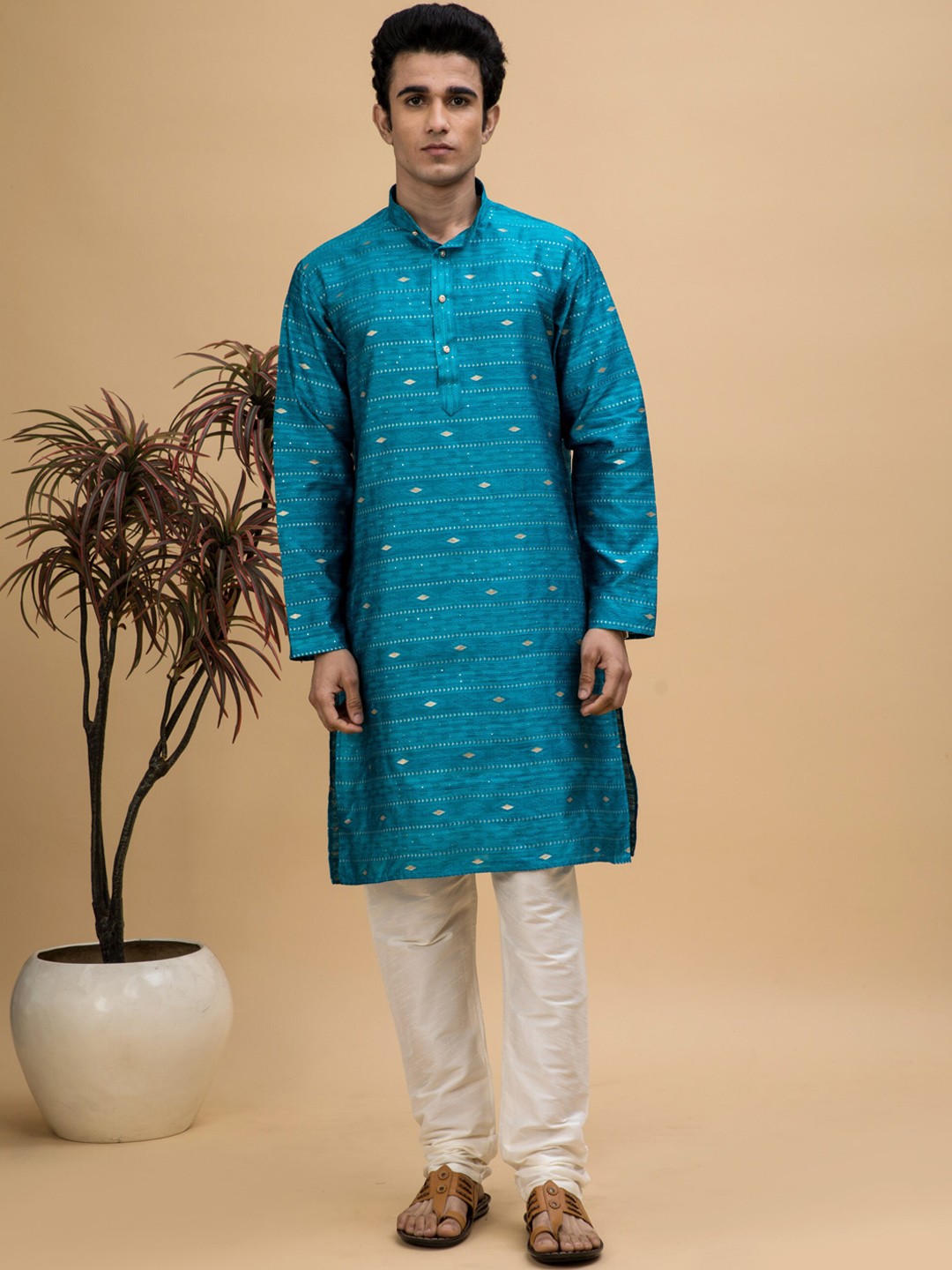

NEUDIS Men Ethnic Motifs Woven Design Jacquard Straight Kurta with Churidar, Turquoise blue