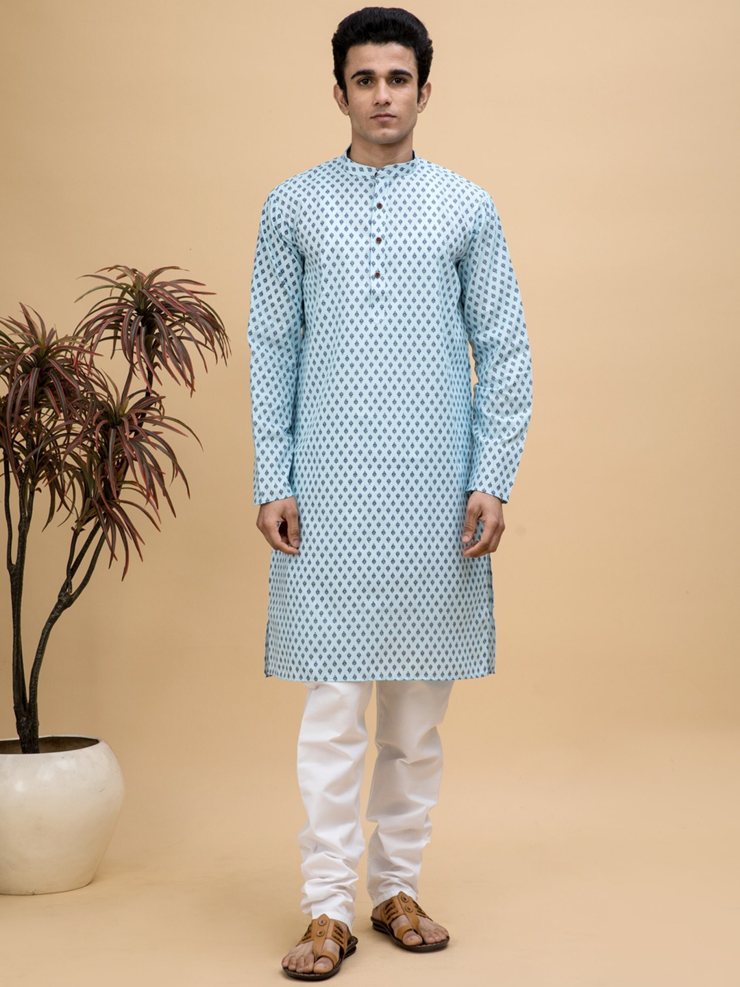 

NEUDIS Men Ethnic Motifs Printed Pure Cotton Kurta with Churidar, Blue