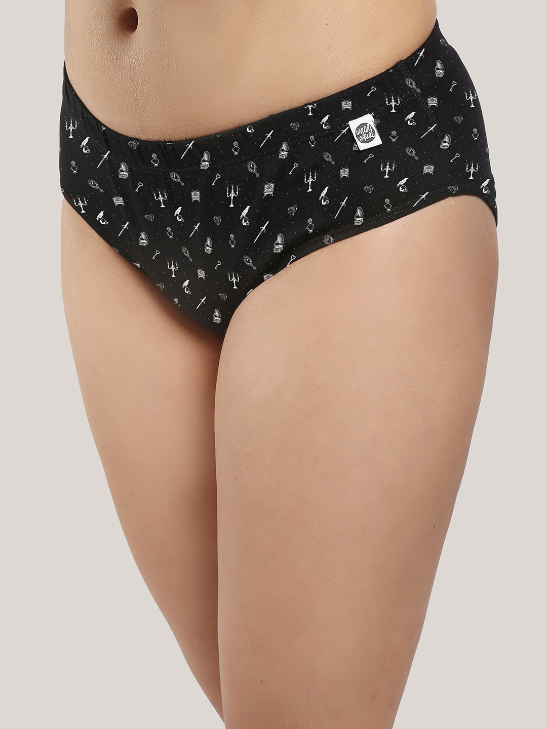

Wear Equal Women Conversational Printed Seamless Anti Microbial Mid Rise Basic Briefs, Black