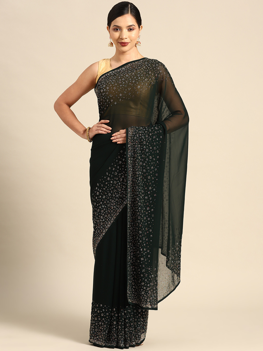 

CAMPAIGN TRENDS Sequinned Satin Saree, Green