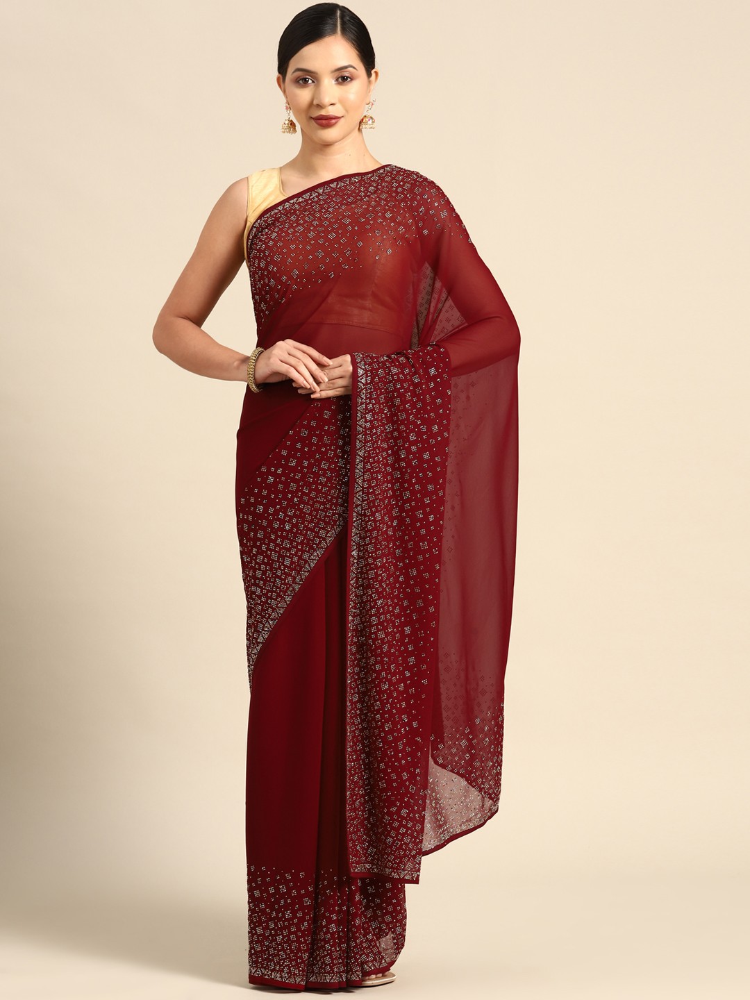 

CAMPAIGN TRENDS Sequinned Satin Saree, Maroon