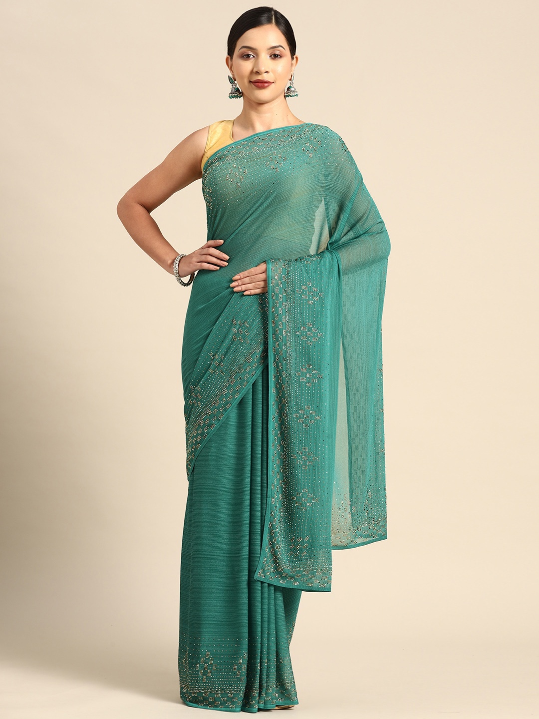 

CAMPAIGN TRENDS Embellished Beads and Stones Heavy Work Saree, Blue