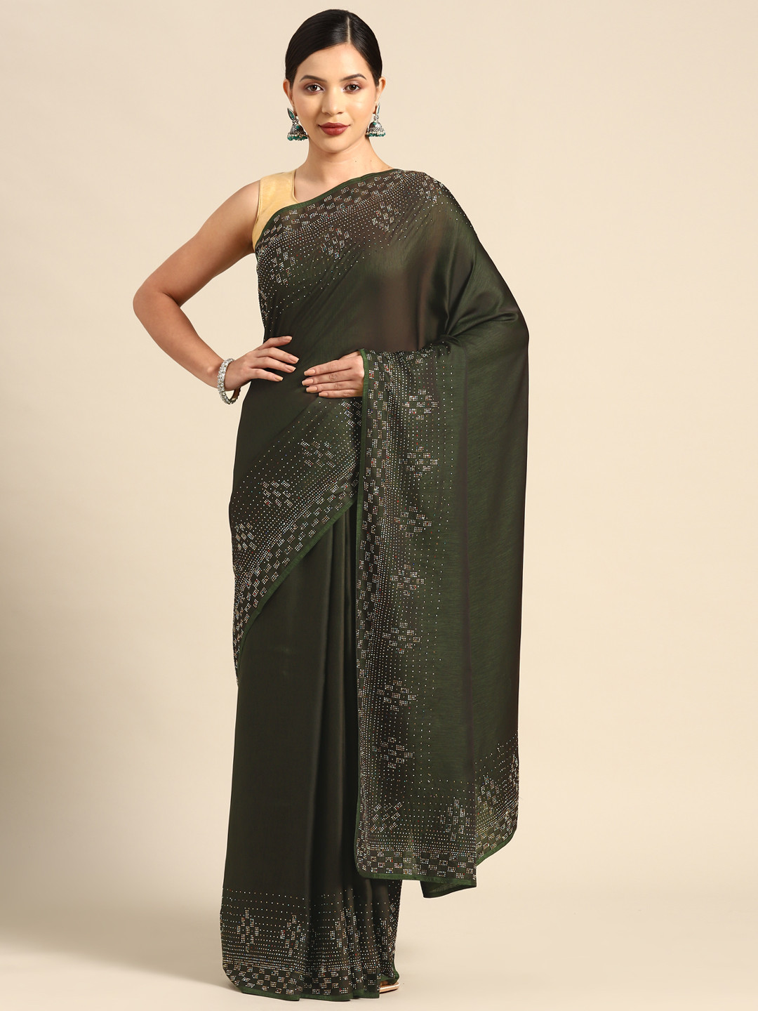 

CAMPAIGN TRENDS Embellished Beads and Stones Heavy Work Saree, Olive