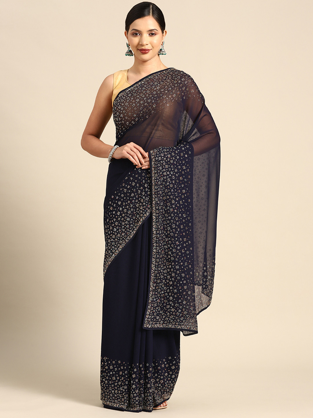 

CAMPAIGN TRENDS Embellished Beads and Stones Heavy Work Saree, Navy blue