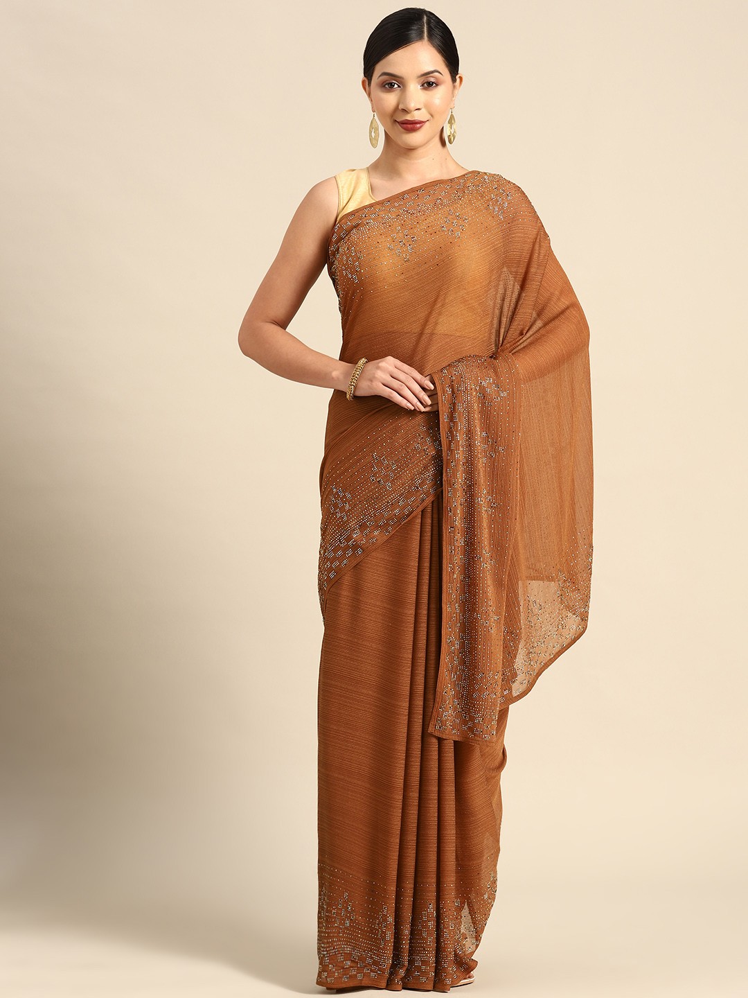 

CAMPAIGN TRENDS Sequinned Satin Saree, Coffee brown