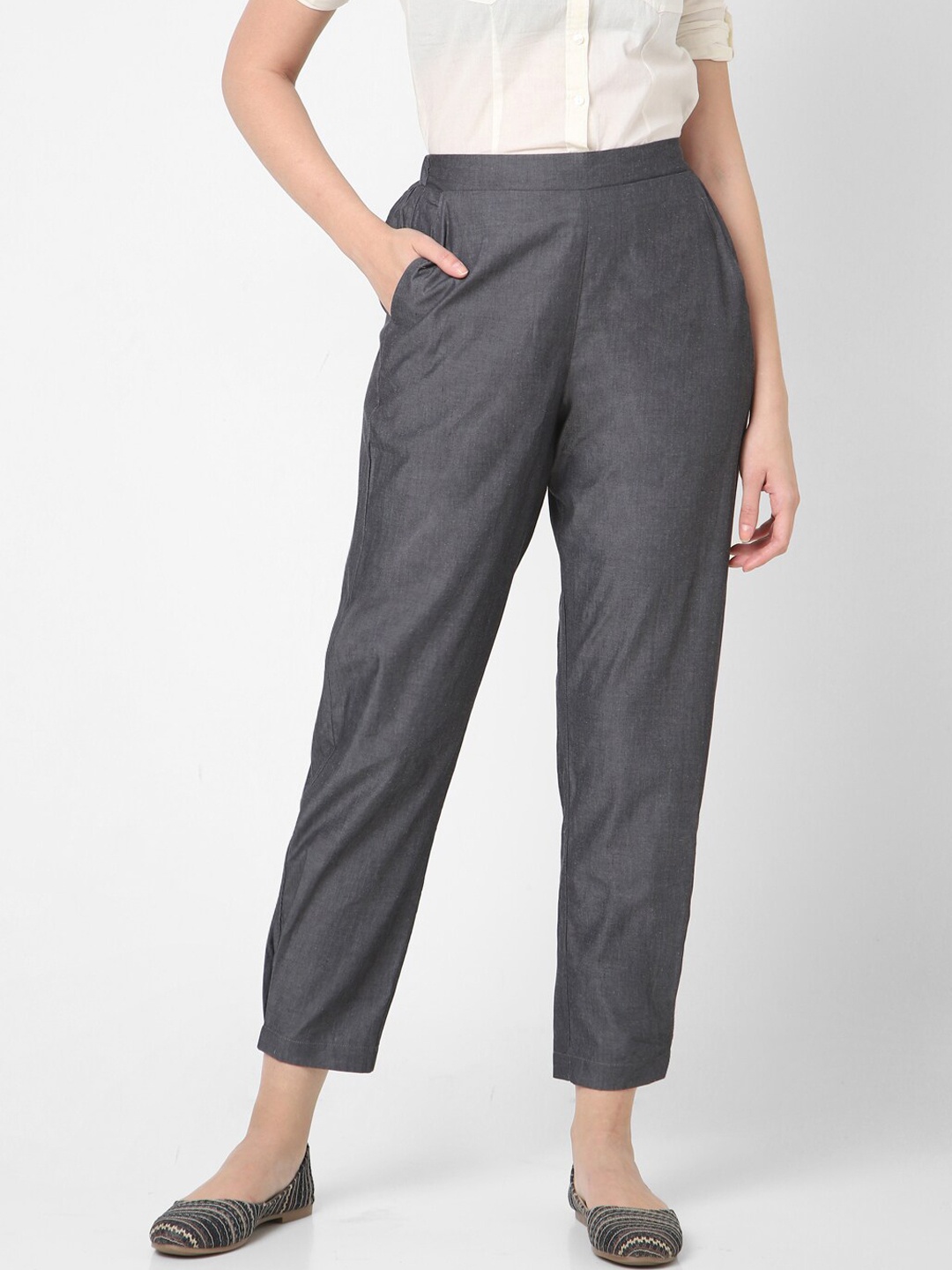 

Mystere Paris Women Straight Fit Cotton Formal Trousers, Grey