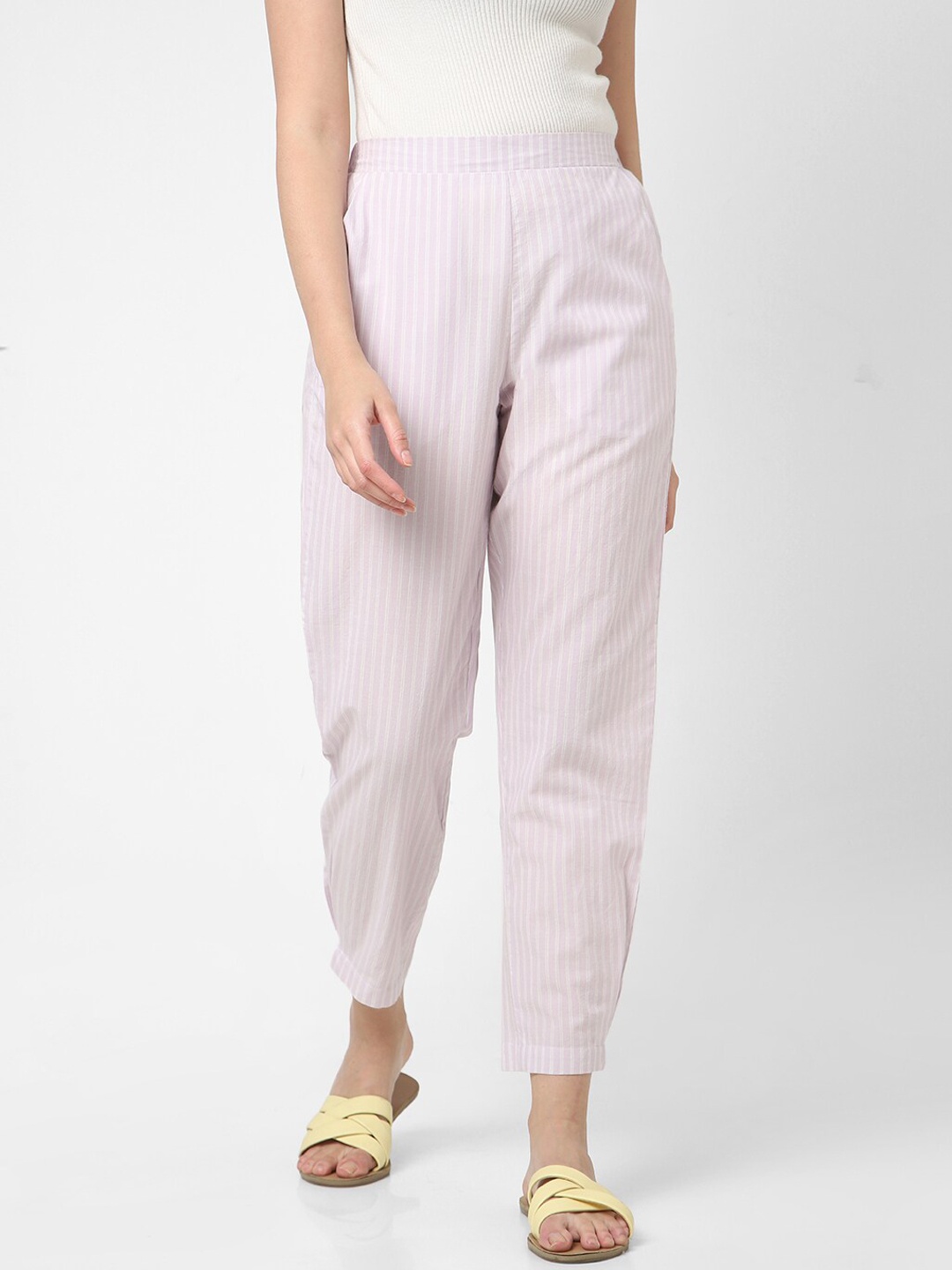 

Mystere Paris Women Striped Cotton Trousers, Lavender