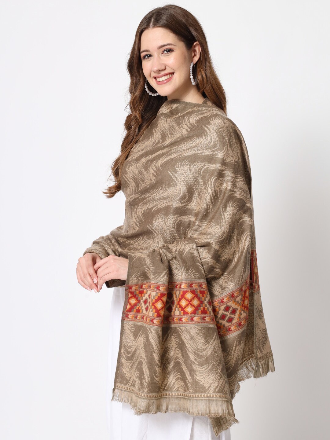 

Zamour Women Kullu Abstract Woven Design Woollen Shawl, Brown